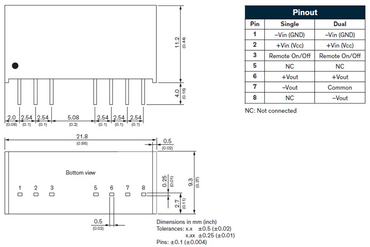 Mechanical Drawing - TRACO Power TMR 4 & TMR 4WI Regulated 4W DC-DC Converters